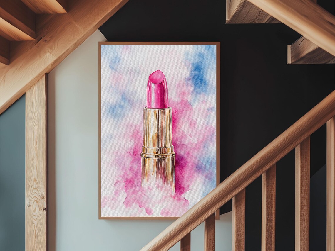 Pink Lipstick Watercolor Art Print Makeup Beauty Glam Wall Decor Poster - Image 2