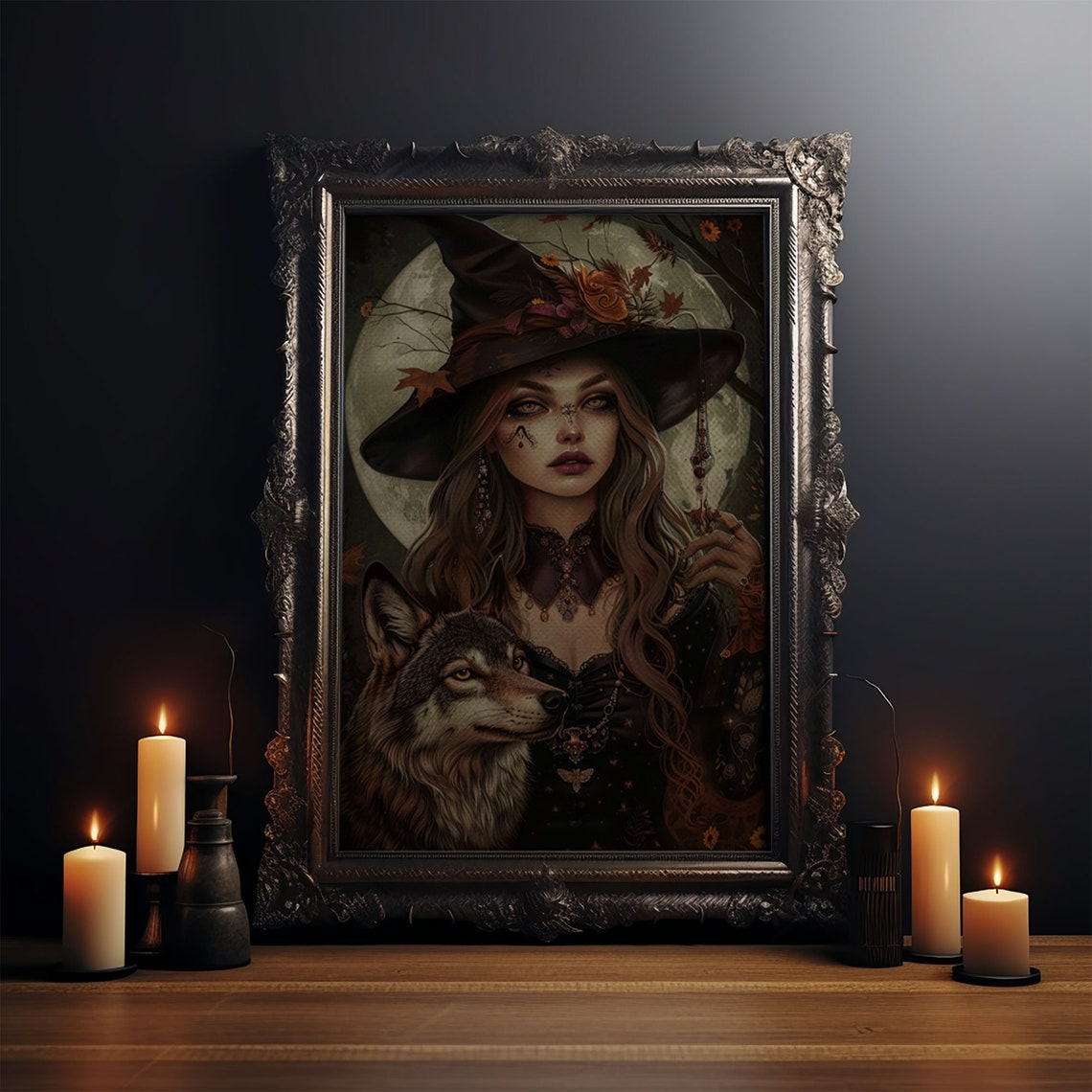 Spooky Witch And Wolf Under Full Moon Night Halloween Art Poster - Image 3