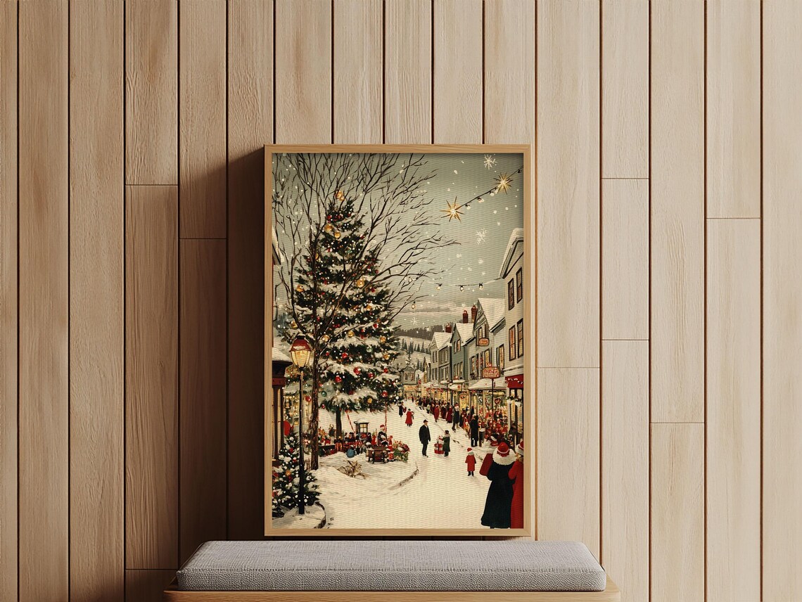 European Christmas Street With Giant Tree Vintage Holiday Art Print - Image 2