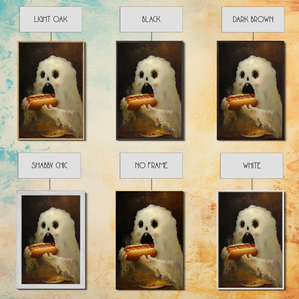 Cute Ghost Eating Hot Dog Funny Halloween Hungry Ghost Art Poster - Image 2