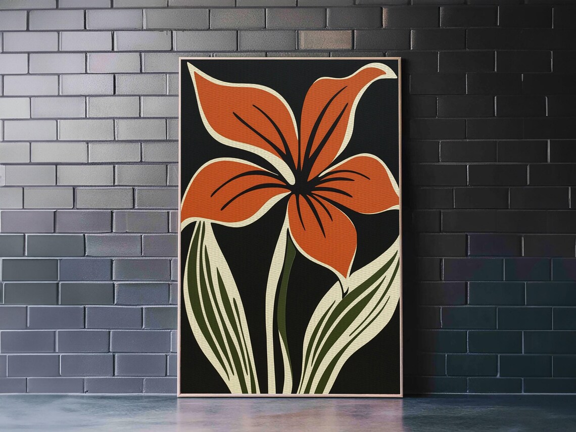 Orange Flower On Black Background, MCM Style Art Print - Image 3