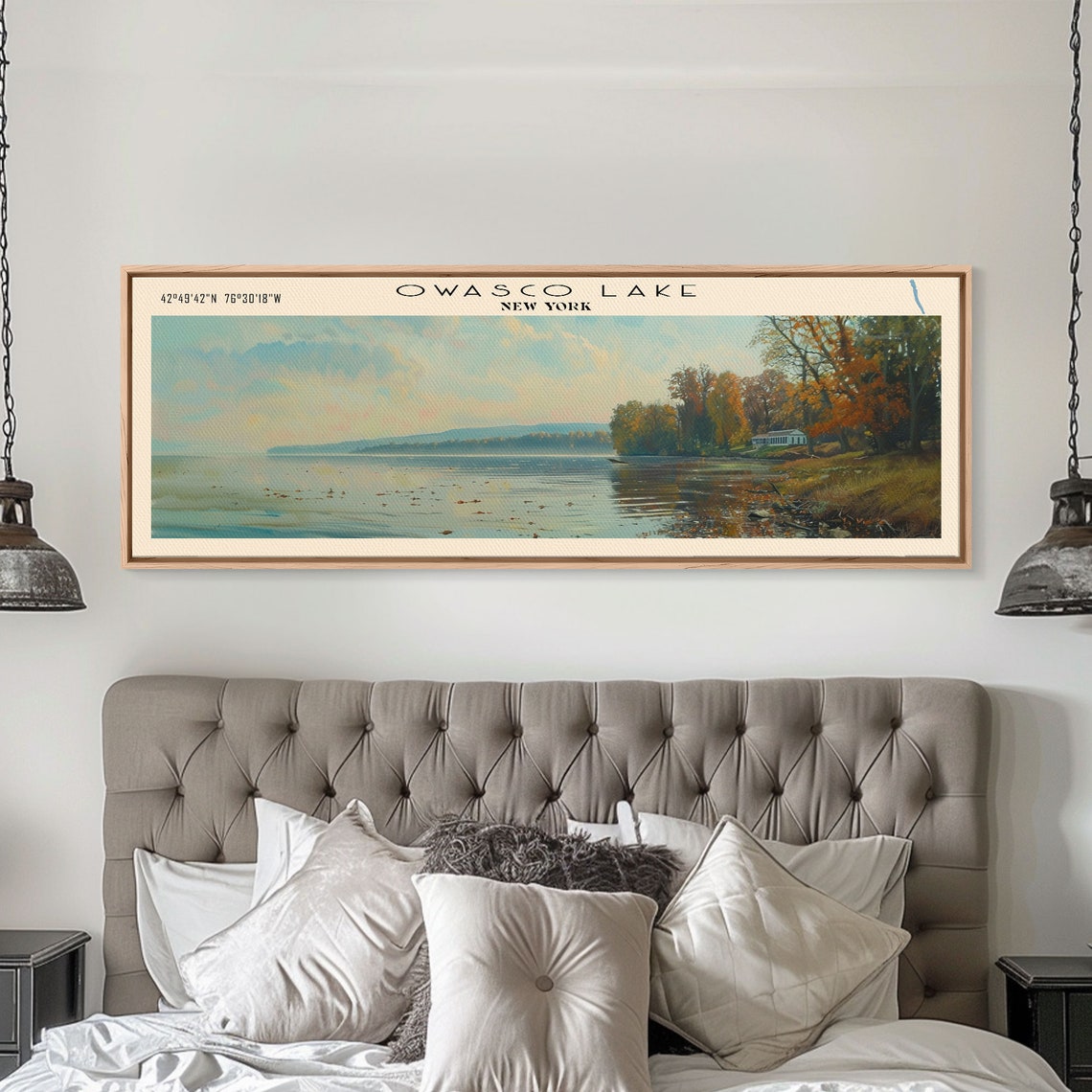 Owasco Lake New York Autumn Shoreline Cottage Calm Water Travel Poster