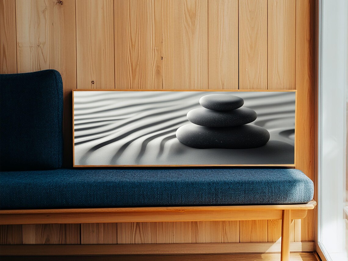 Zen Garden Stacked Stones Panoramic Black Sand Monochrome Art Poster - Image 5
