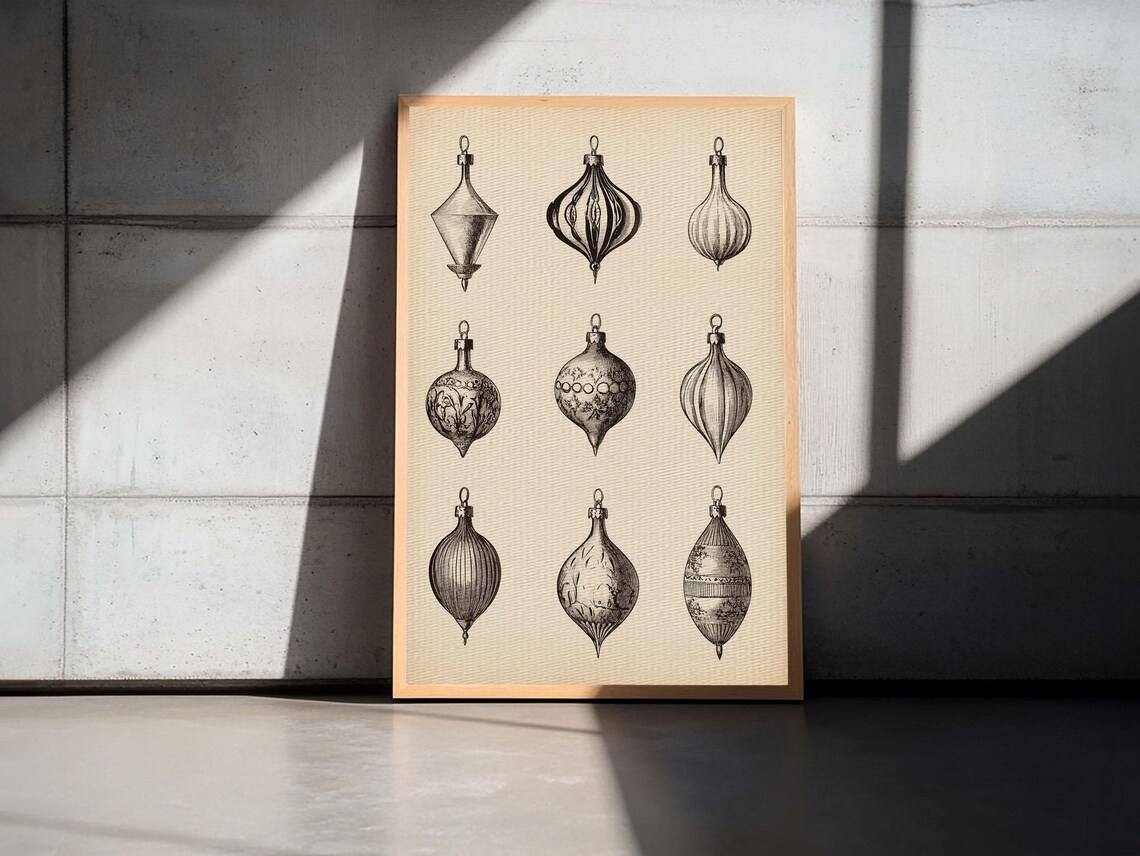 Nine Vintage Glass Christmas Ornaments Sketch Holiday Wall Art Print - Image 4