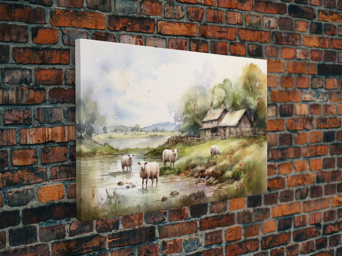 Sheep Grazing By The River, Vintage Landscape