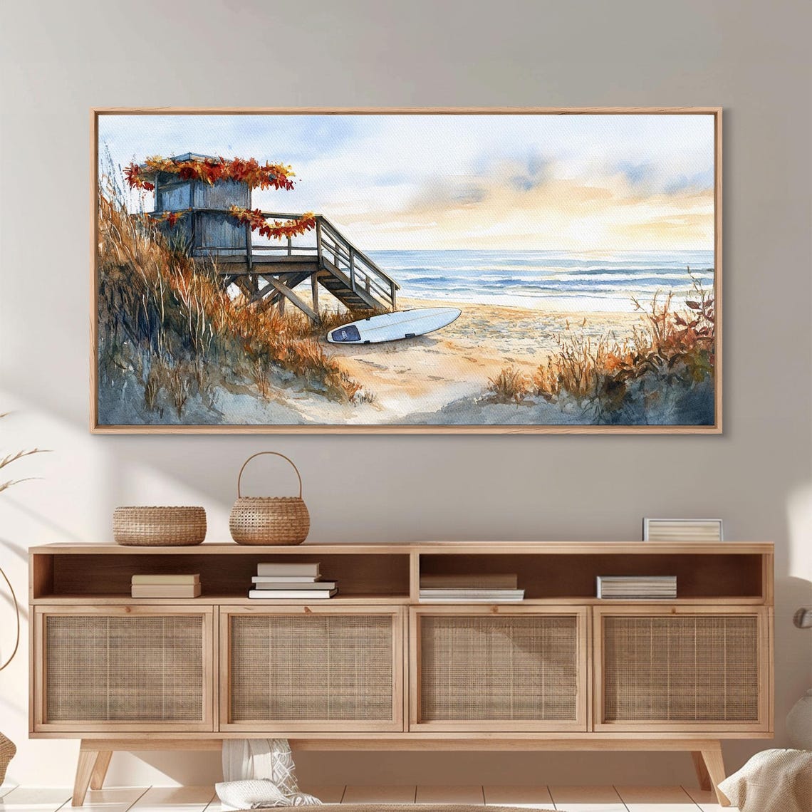 Lifeguard Tower With Fall Leaves Beach Sunset Surf Art Print - Image 2
