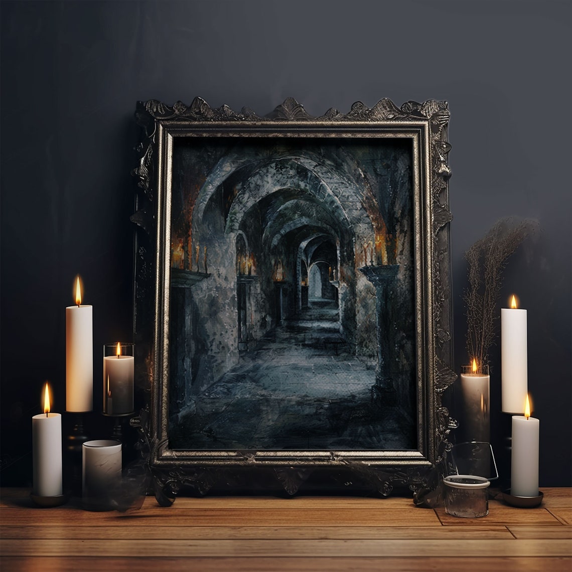 Dark Gothic Hallway With Candle Torches Haunted Corridor Art Poster - Image 6