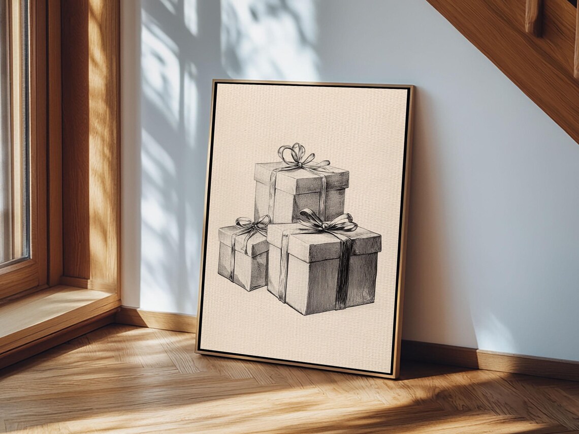 Stacked Christmas Gift Boxes Pencil Sketch Minimalist Holiday Poster - Image 4