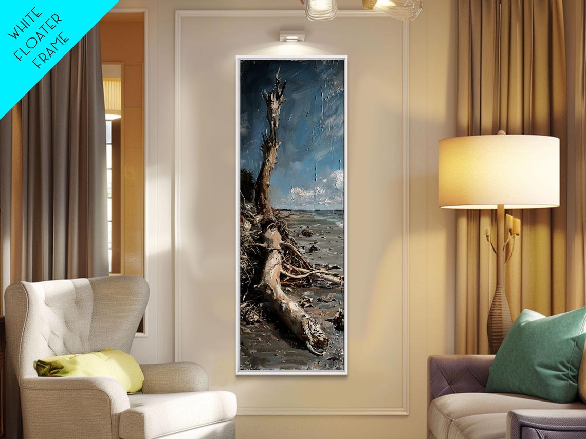 Driftwood Tree Trunk Sandy Beach Calm Ocean Coastal Scene Poster - Image 5