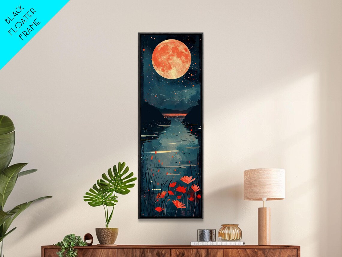 Vibrant Full Moon Over Lake Night Reflection Floral Art Print