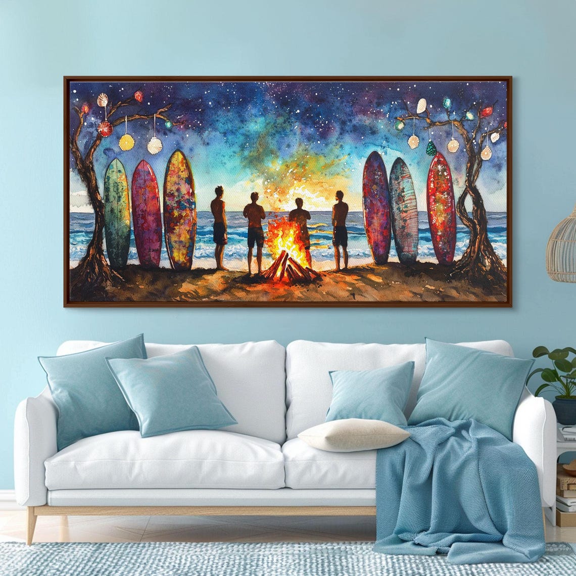 Beach Bonfire Christmas Night Surfboards Starry Sky Art Print