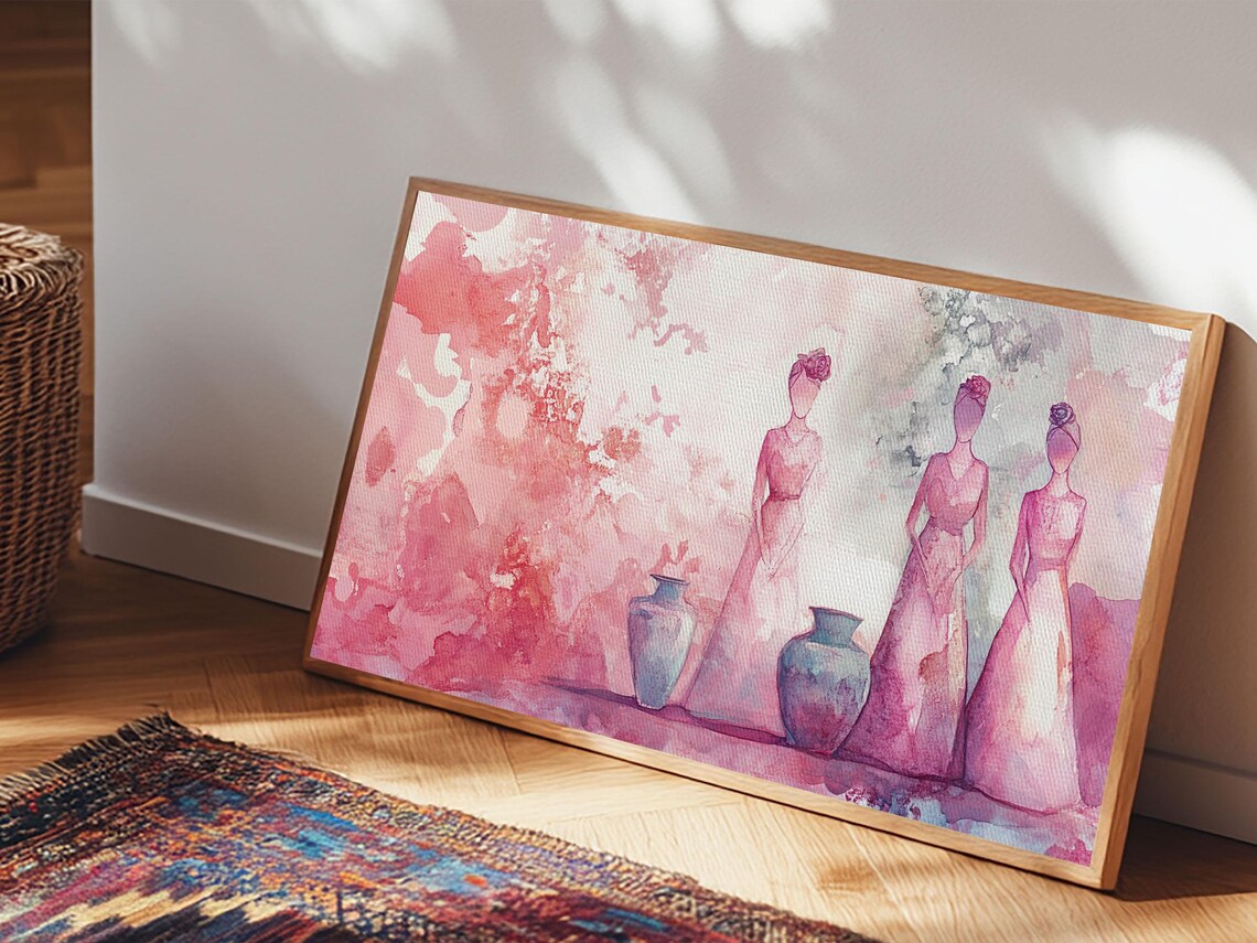 Pink Abstract Women With Vases Wide Wabi Sabi Watercolor Wall Art - Image 2