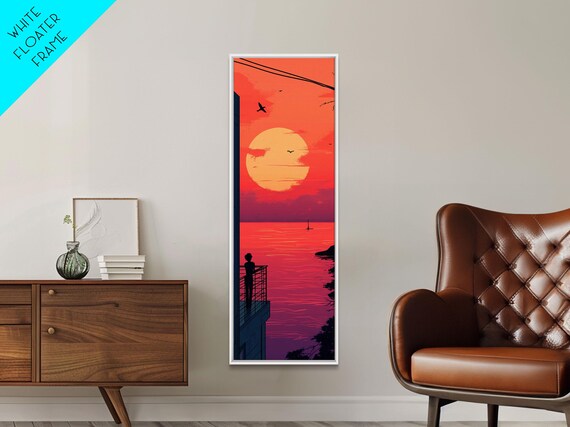 Retro Sunset Balcony Silhouette Big Sun Orange Pink Coastal Vertical Poster