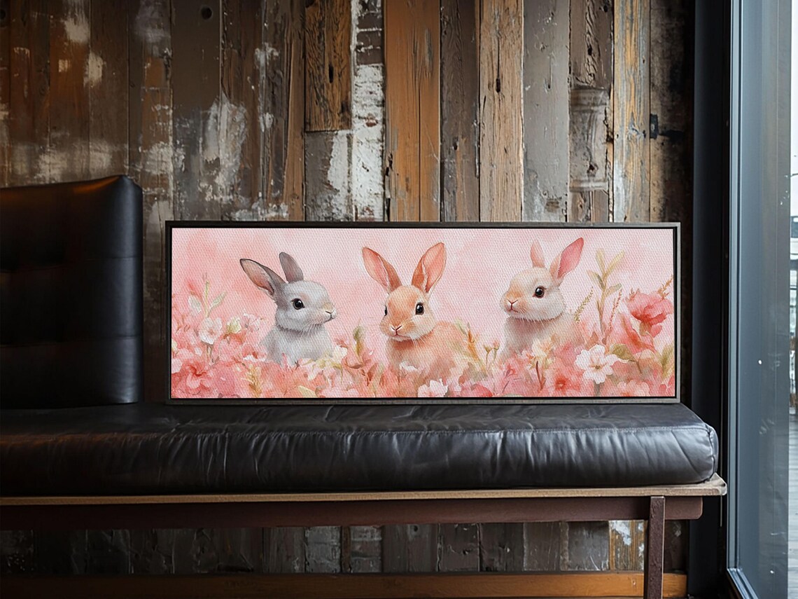 Bunny Trio Pink Floral Field Watercolor Spring Nursery Wall Art Poster - Image 5