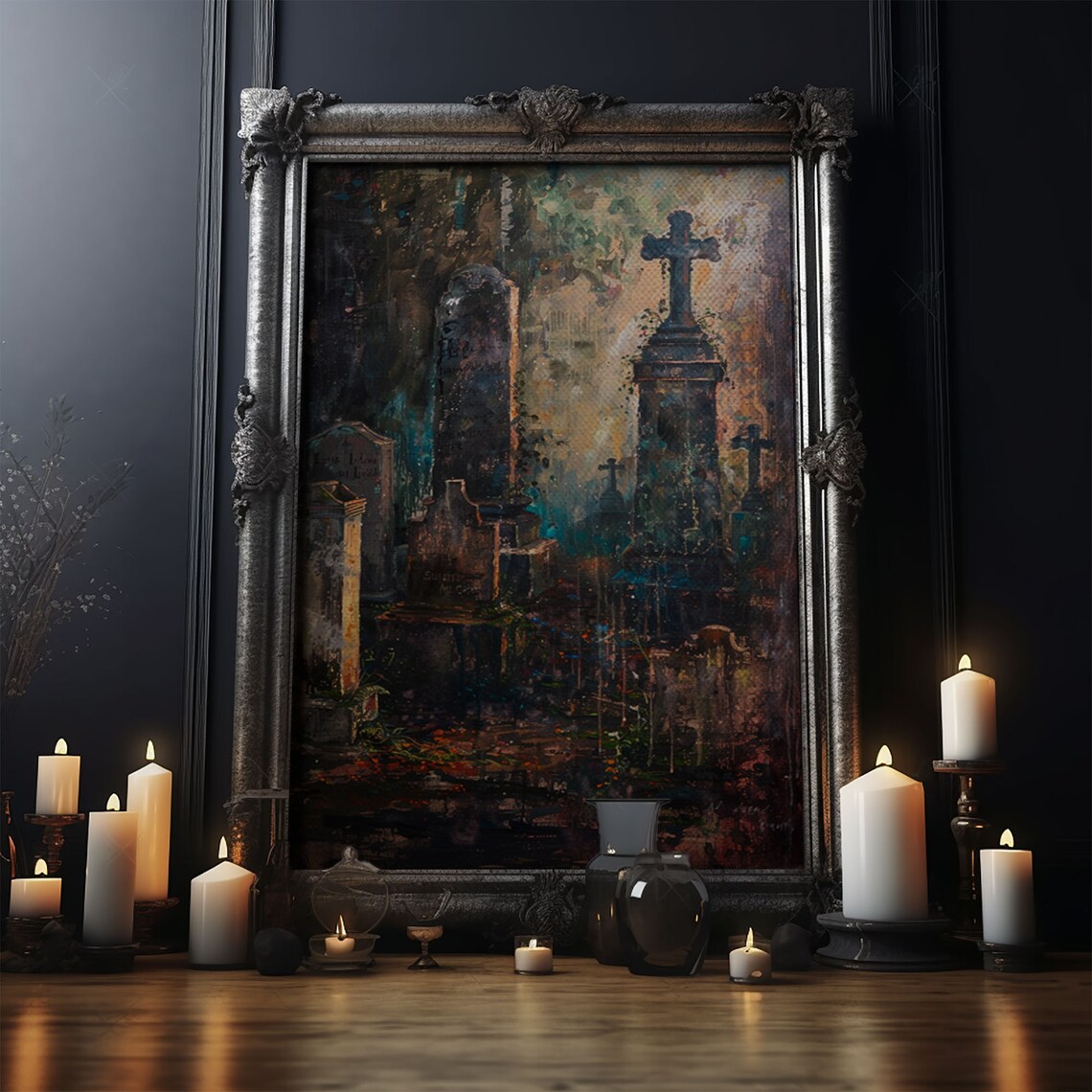 Gloomy Cemetery Stone Crosses Foggy Painterly Graveyard Art Poster - Image 5