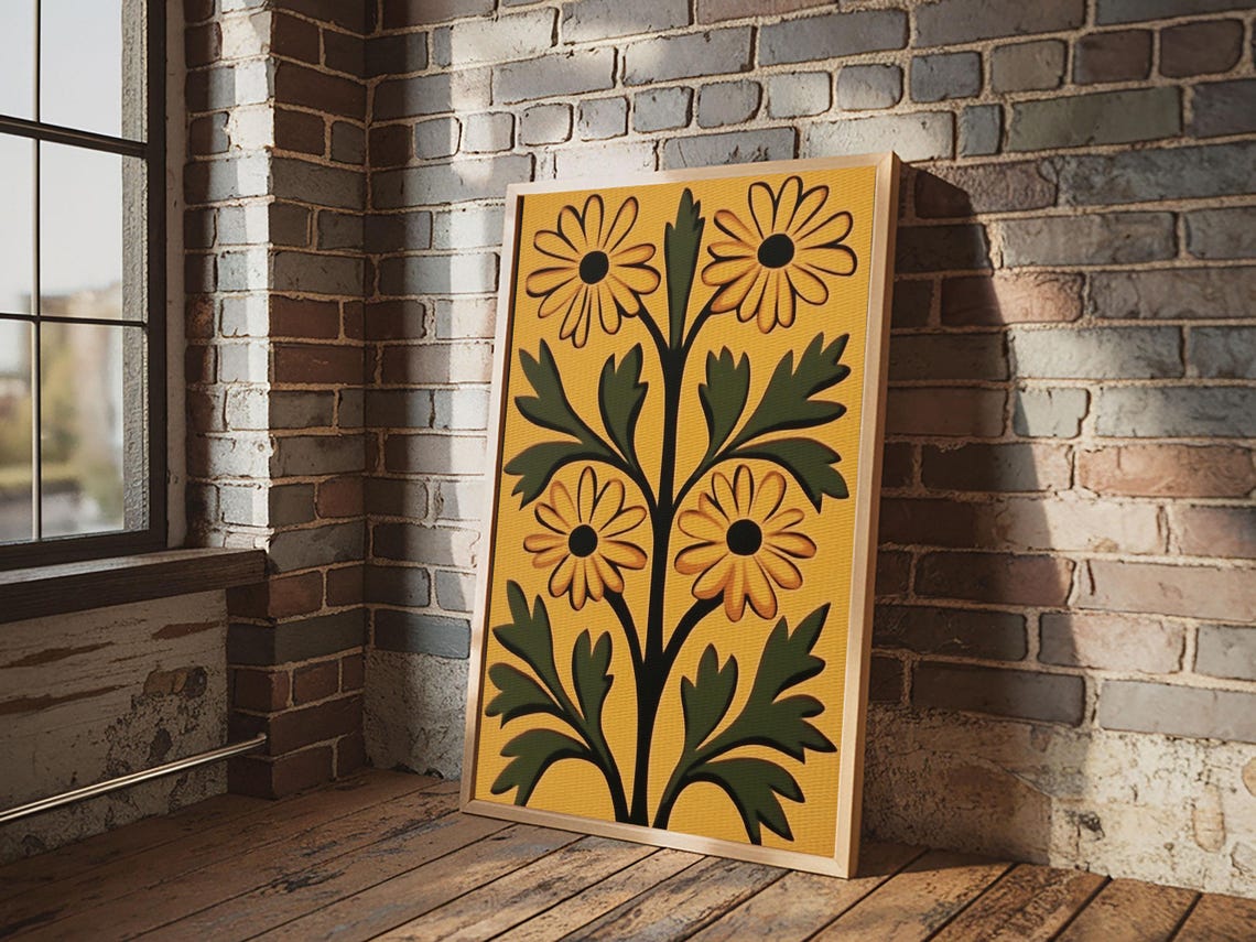 Folk Art Yellow Daisy Flowers Mustard Boho Botanical Wall Poster - Image 3