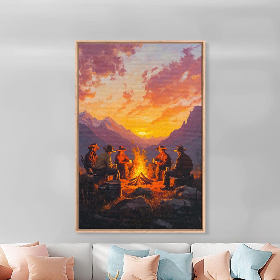 Cowboys Around Campfire In Mountains At Sunset Glow Art Poster