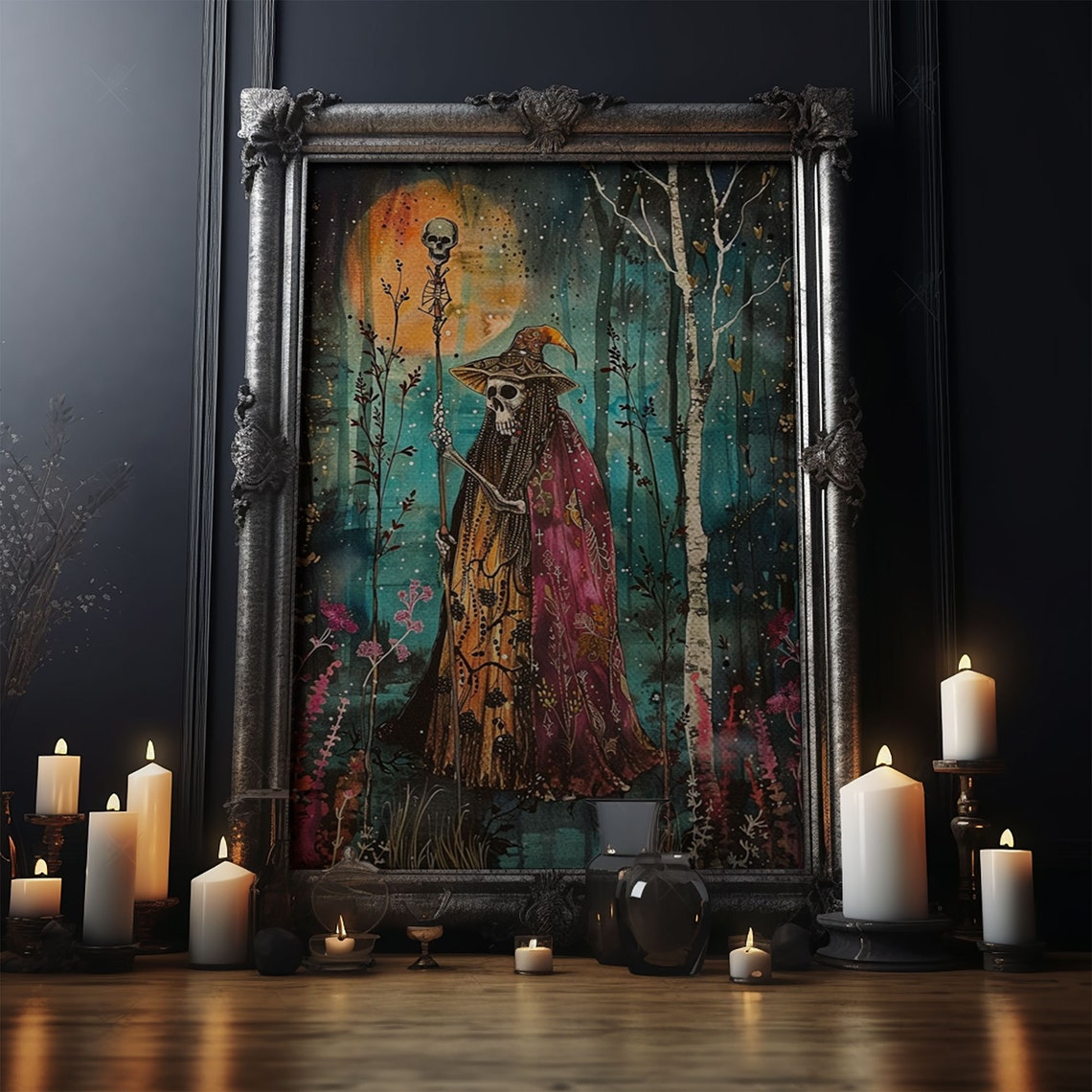 Skeleton Witch Skull Staff Full Moon Birch Forest Art Poster - Image 4