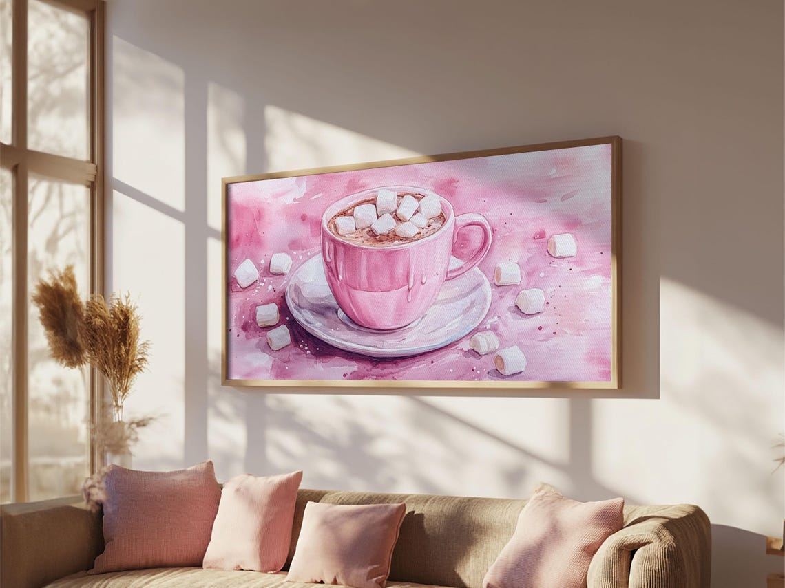 Pink Hot Chocolate Dripping Cup Marshmallows Cozy Kitchen Art Print - Image 2