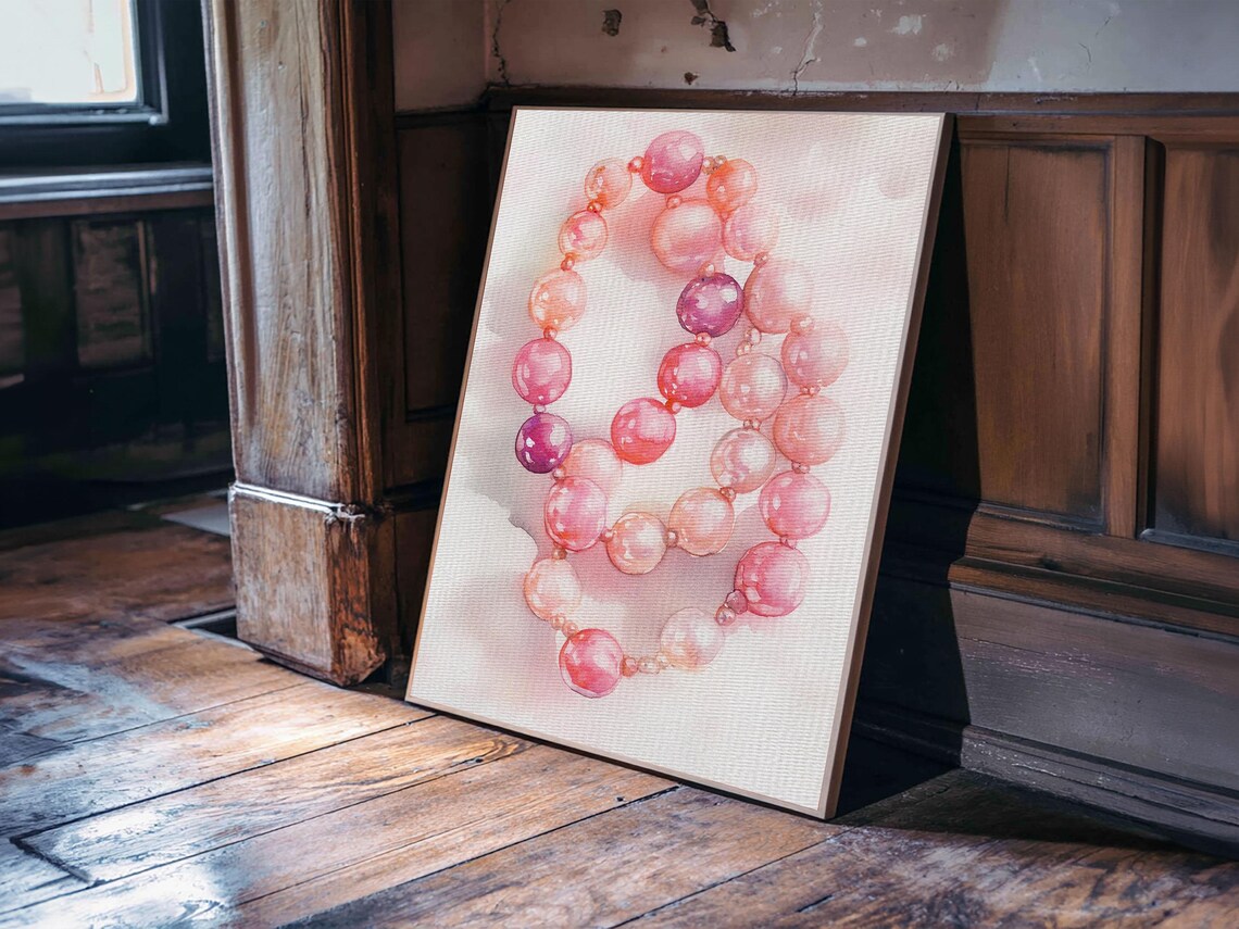 Pink Pearl Necklace Watercolor Elegant Jewelry Vanity Art Print - Image 3