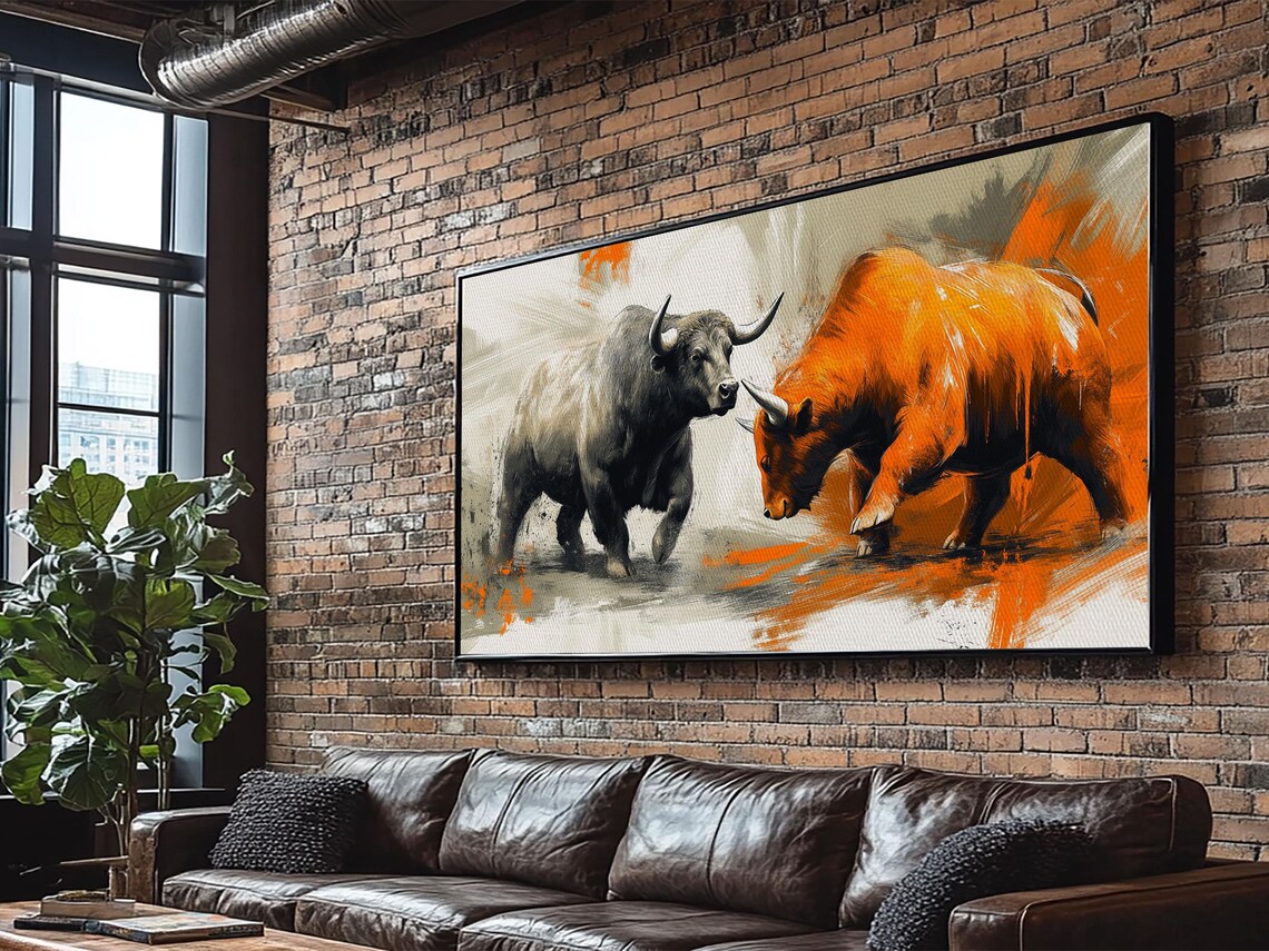 Bull And Bear Financial Market Art Rustic Orange Black Wall Decor Print - Image 4