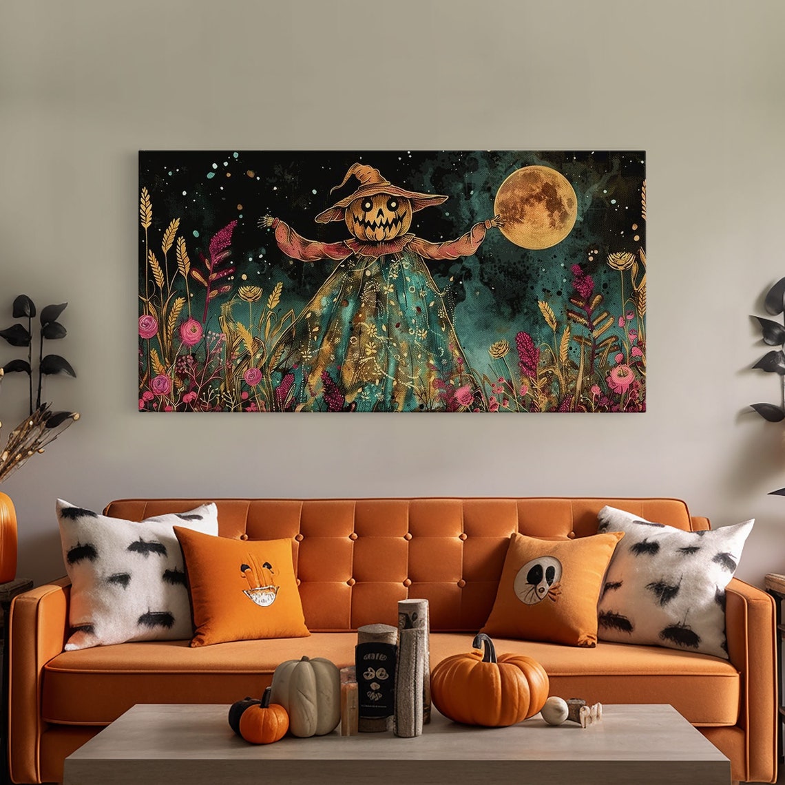 Jack O Lantern Scarecrow In Colorful Night Flower Field Art Print - Image 5