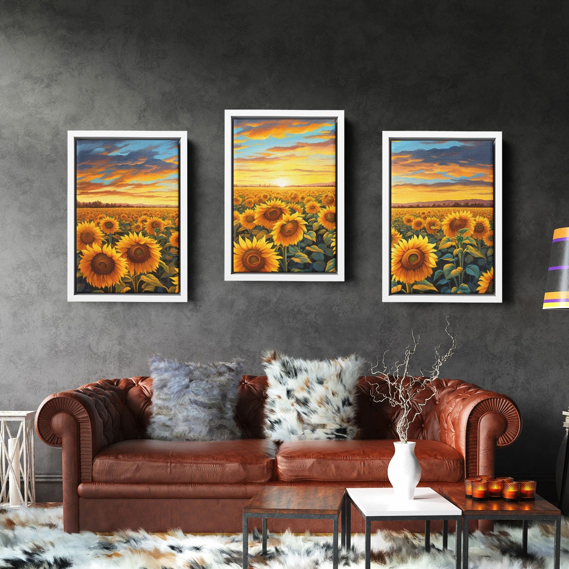 Sunflower Field Sunset Triptych Vibrant Golden Blooms Wall Art Poster - Image 5