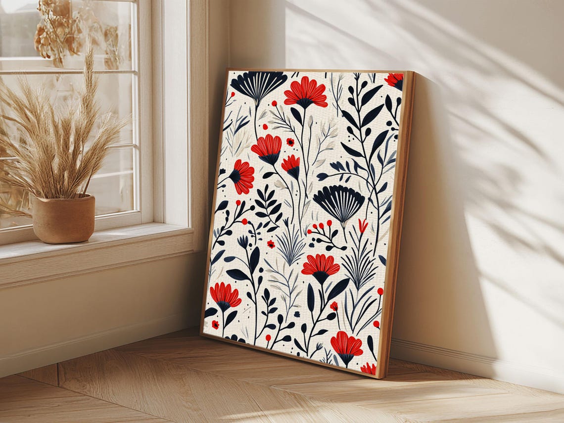 Scandinavian Red Navy Floral Pattern Minimalist Botanical Art Print - Image 2