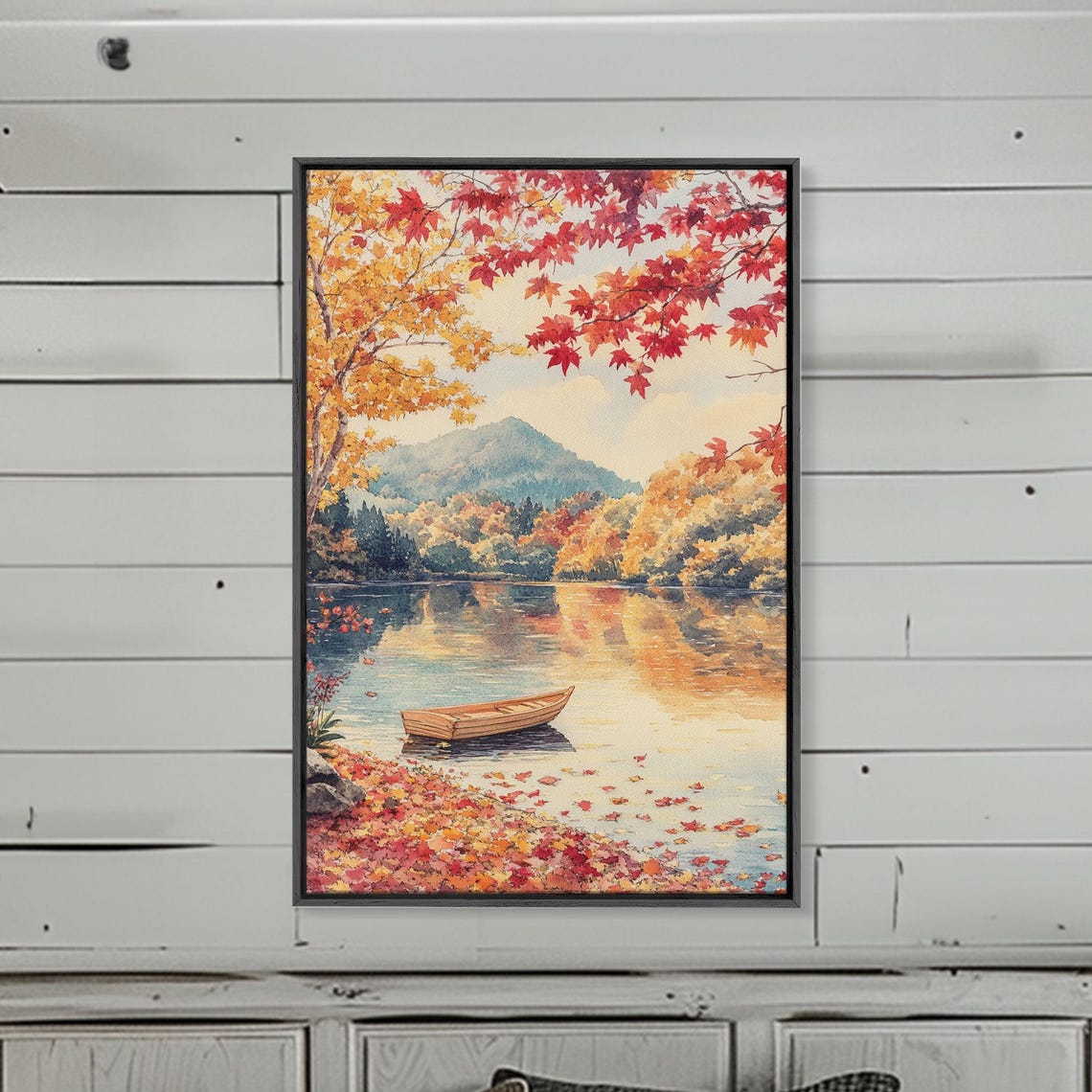 Autumn Canoe On Serene Fall Lake Maple Leaves Mountain Poster - Image 2