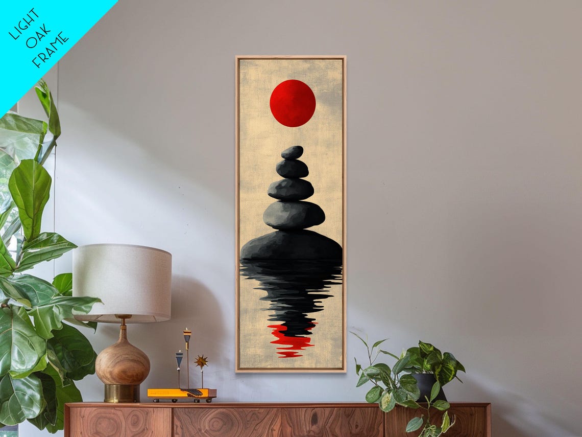 Zen Balanced Stone Cairn Red Sun Japanese Minimalist Wall Art Poster - Image 4