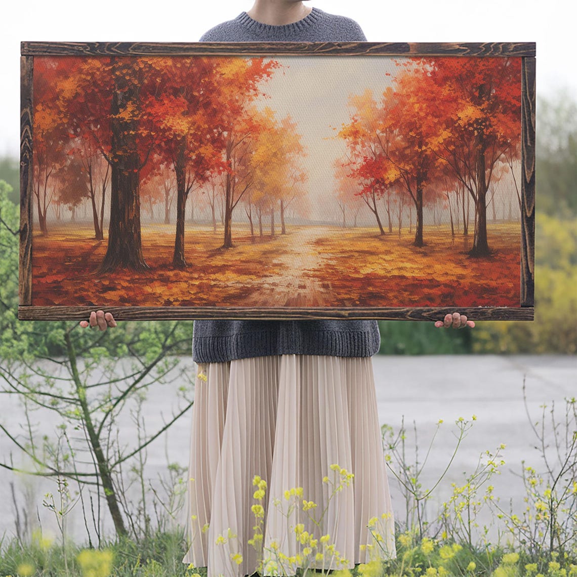 Autumn Forest Path Red Maple Trees Falling Leaves Fall Wall Art Poster - Image 2