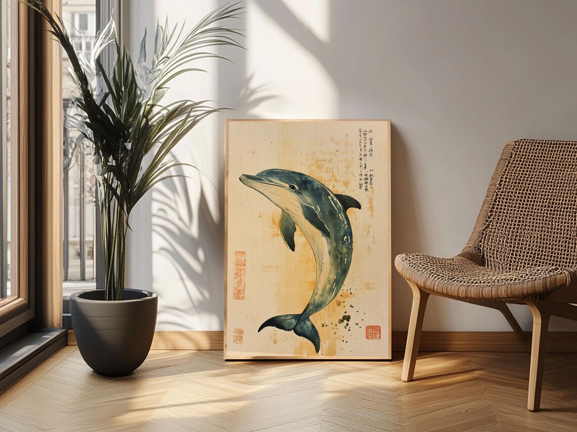 Japanese Style Dolphin Print Nautical Decor Framed Print Dolphin Painting Dolphin Art Gift For Him Office Art - Image 2