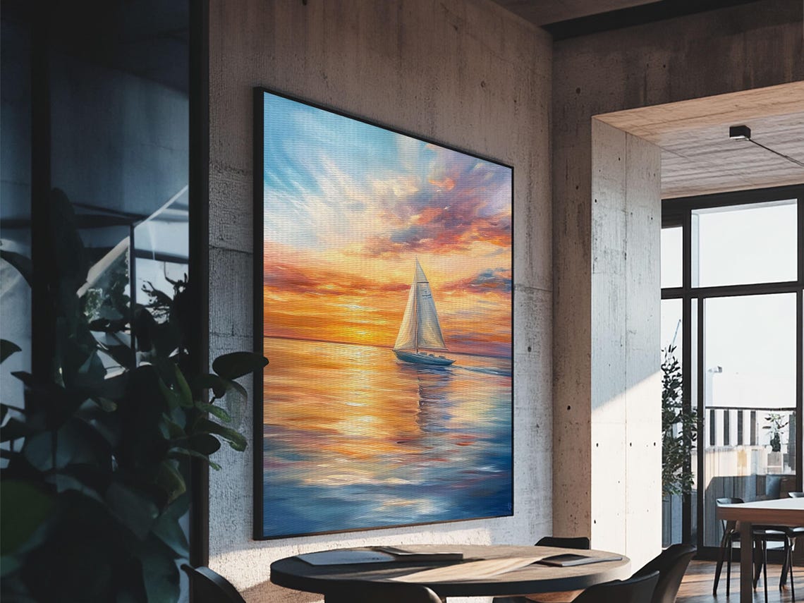 Sailboat At Sunset On Calm Ocean Vibrant Sky Nautical Wall Art Print - Image 4