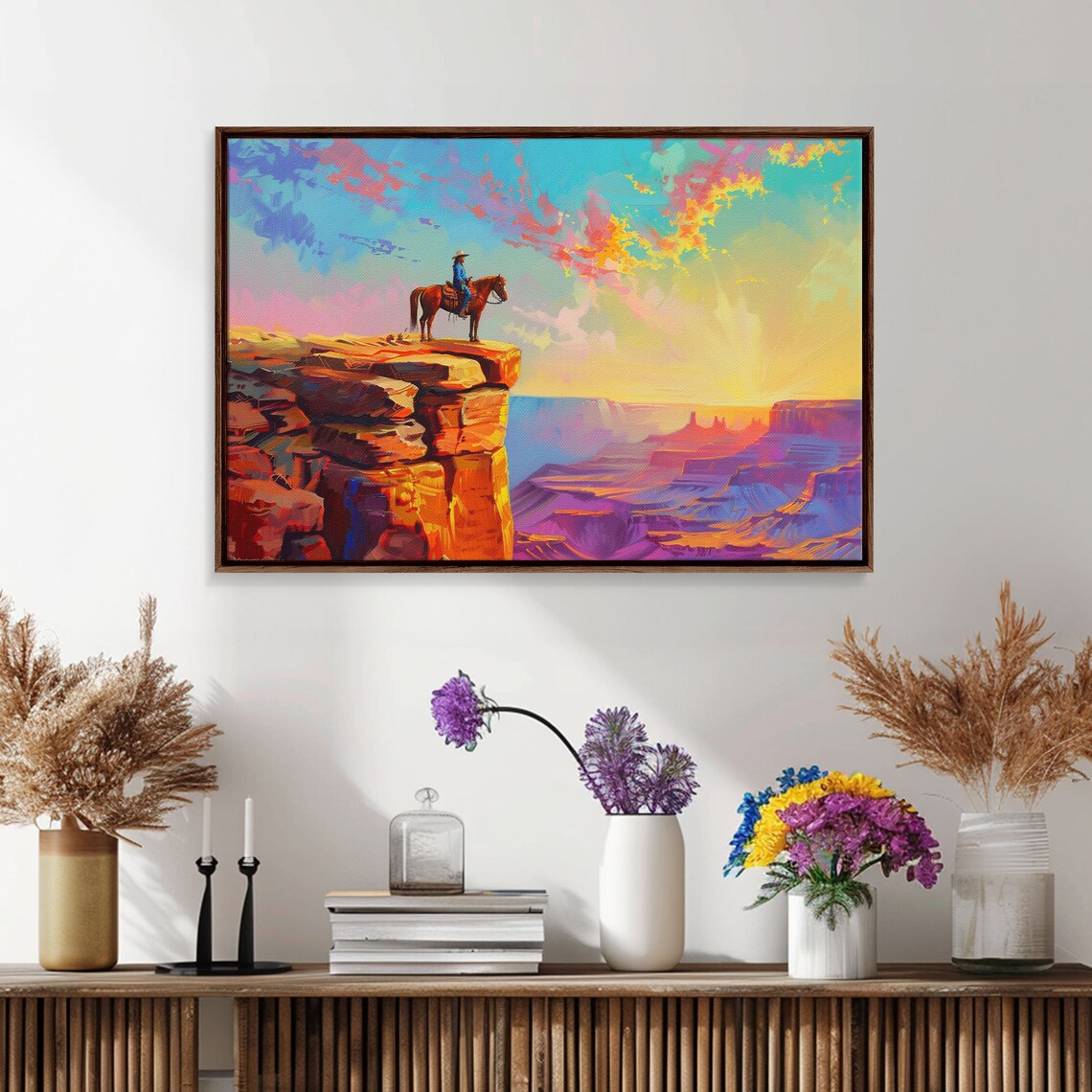 Cowboy Horseback Desert Canyon Sunrise Vibrant Color Art Poster - Image 3