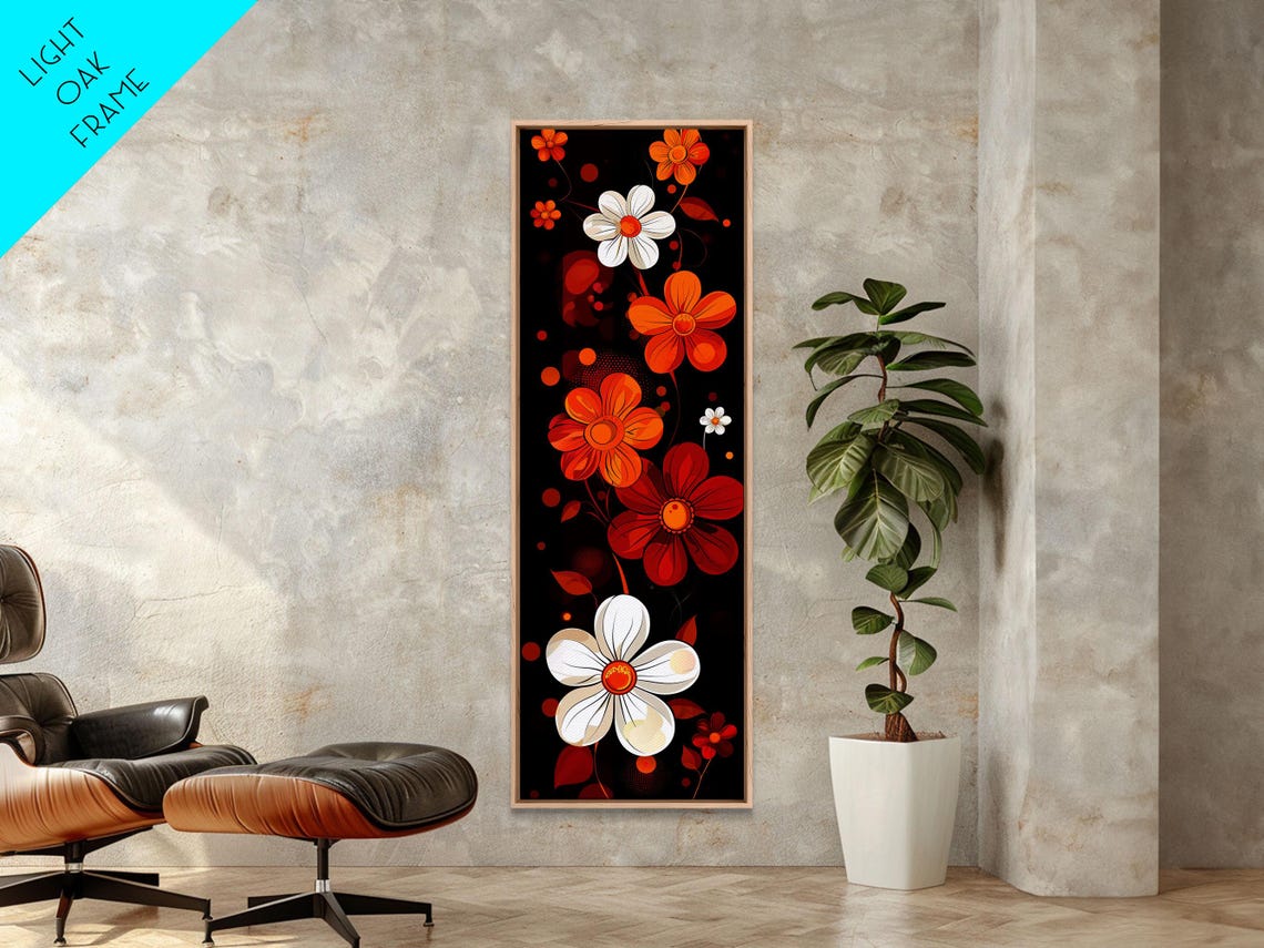 Bold Red Orange Floral Pattern Black Background Modern Art Poster - Image 3