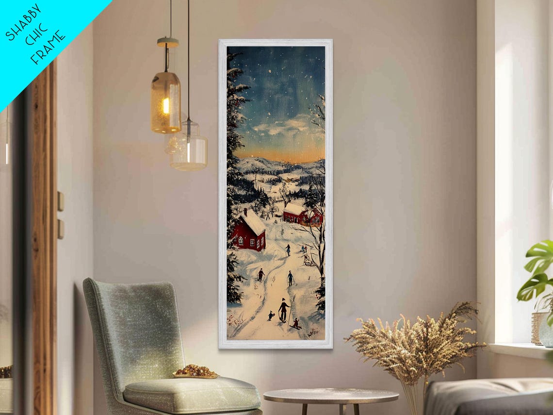 Snowy Village Night Red Barn Skaters Starry Sky Christmas Poster - Image 5