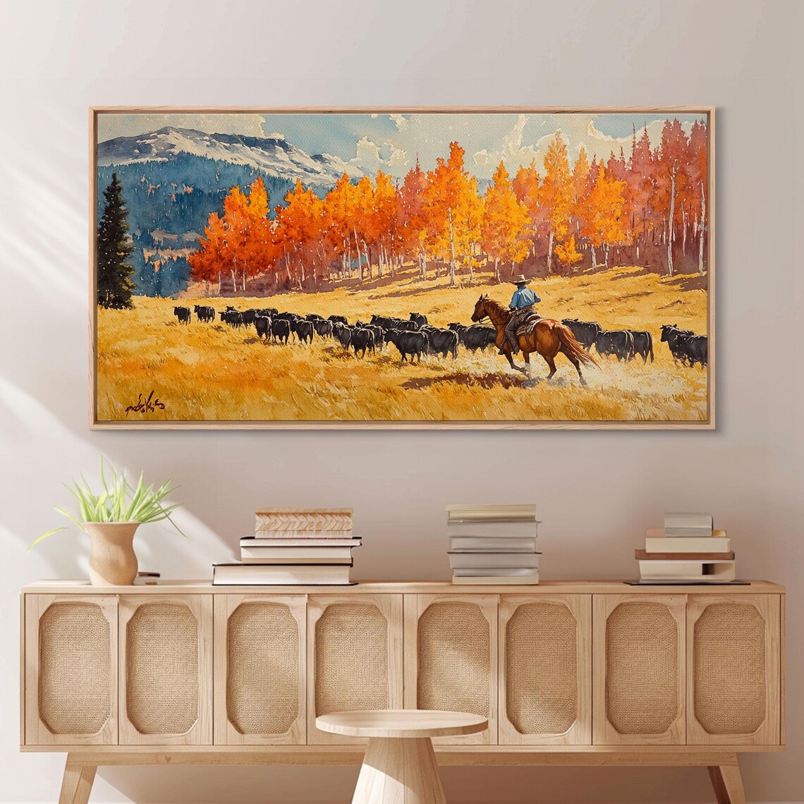 Cowboy Herding Cattle Under Mountains, Western Art Print - Image 4