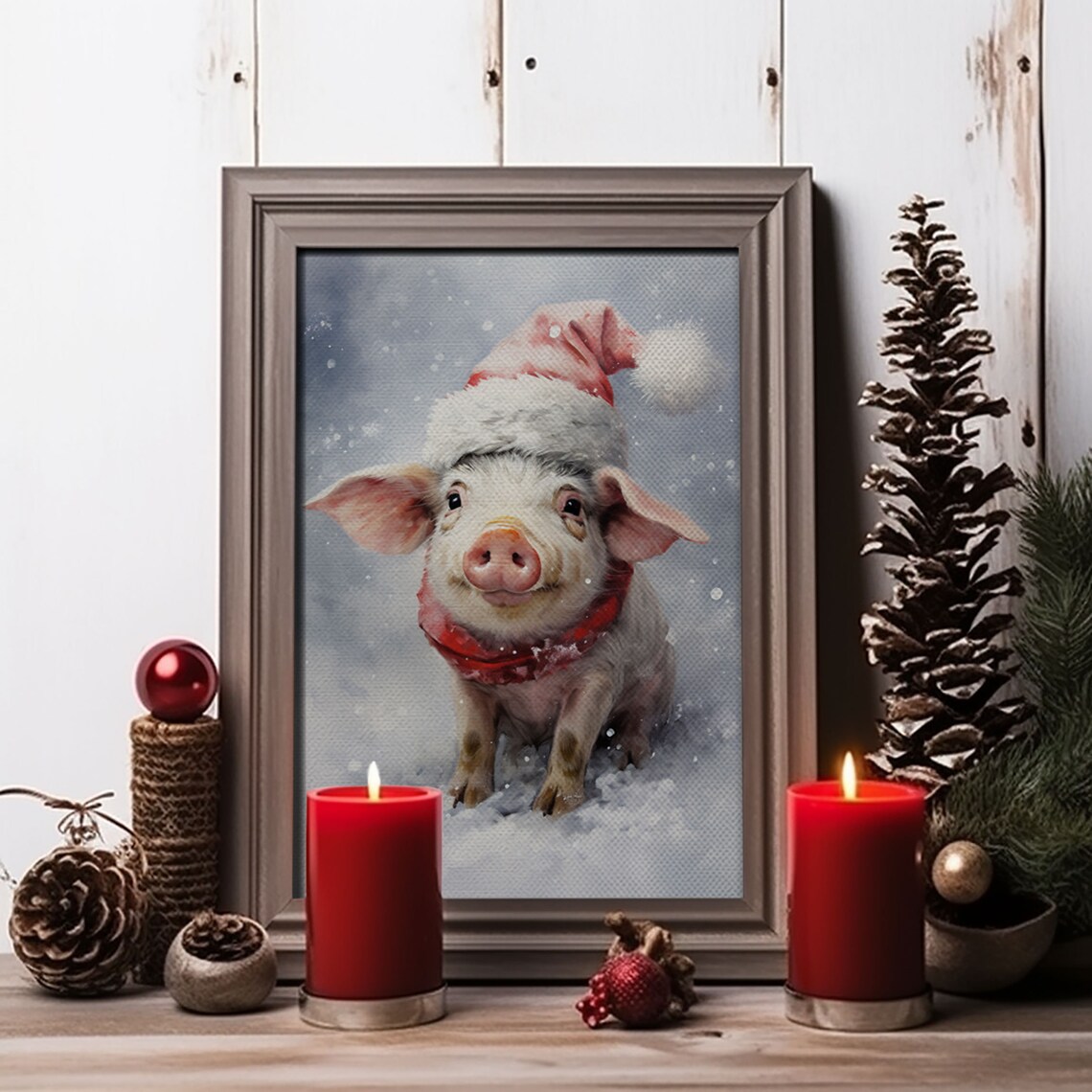 Christmas Pig in a Santa Hat, Vintage Farmhouse Art Print - Image 3