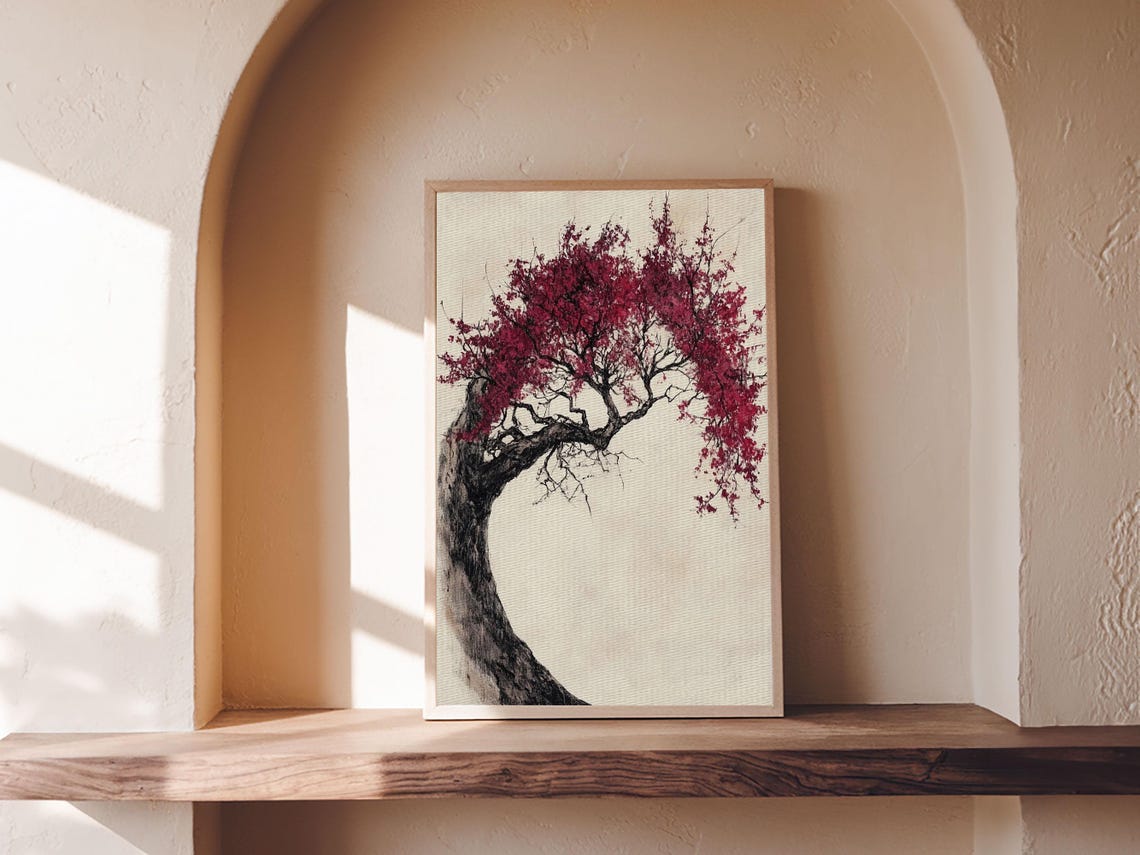 Japanese Maple Tree Red Foliage Wabi Sabi Ink Wash Minimalist Wall Art - Image 5