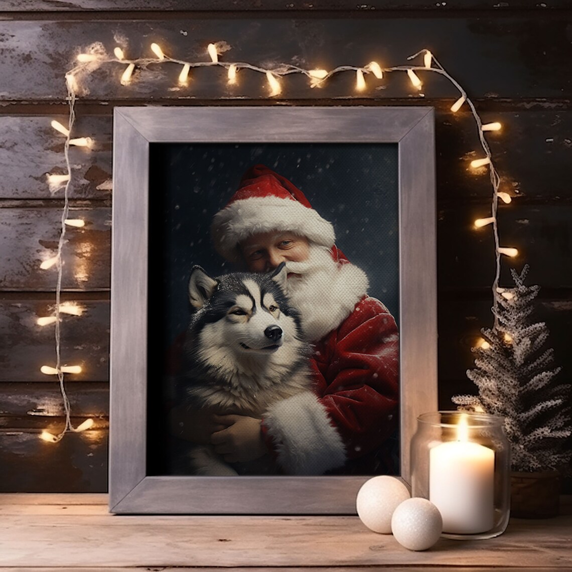 Santa Holding A Siberian Husky, Farmhouse Christmas Art