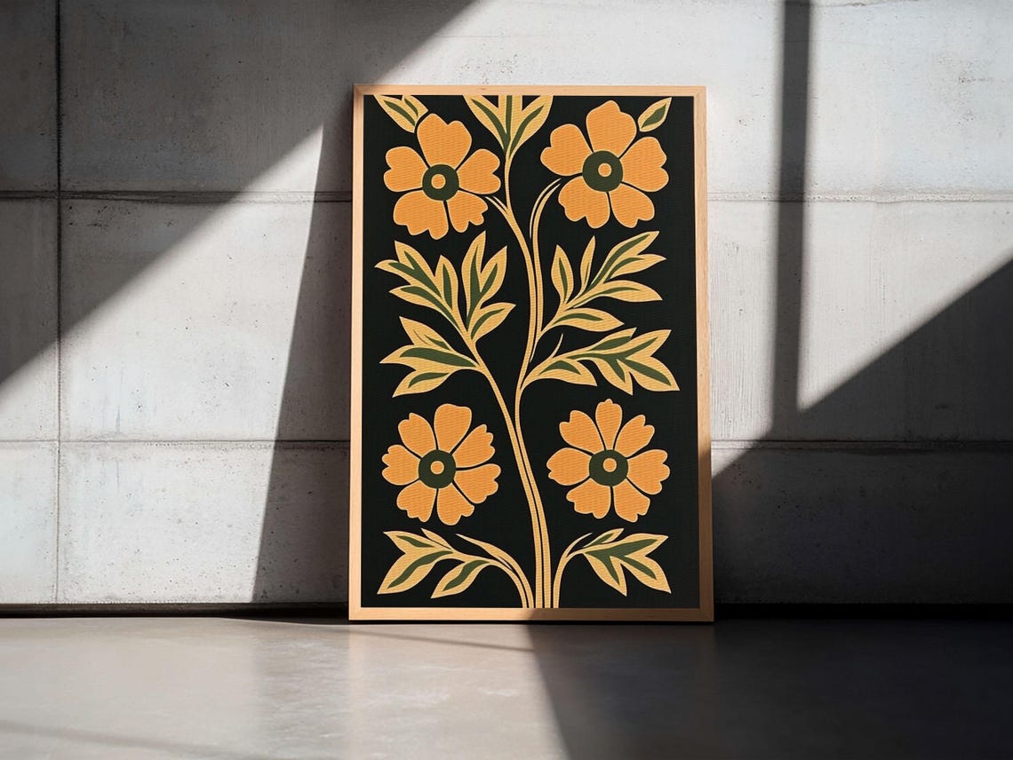 Folk Art Orange Poppy Flowers Black Retro Botanical Wall Poster - Image 4