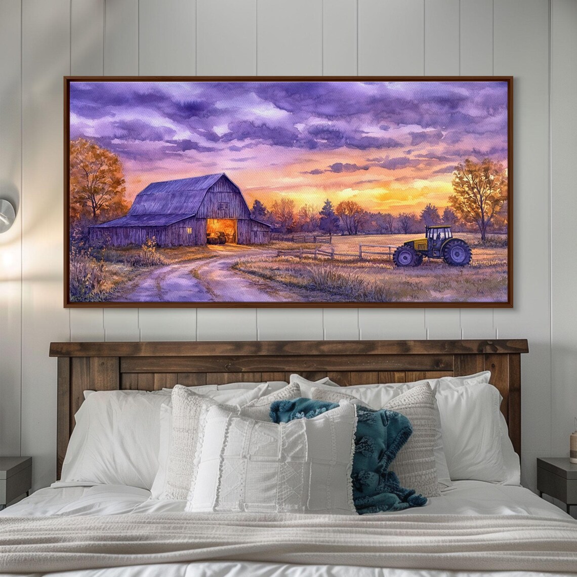 Purple Sunset Sky Barn With Tractor Glowing Farmhouse Art Print - Image 6