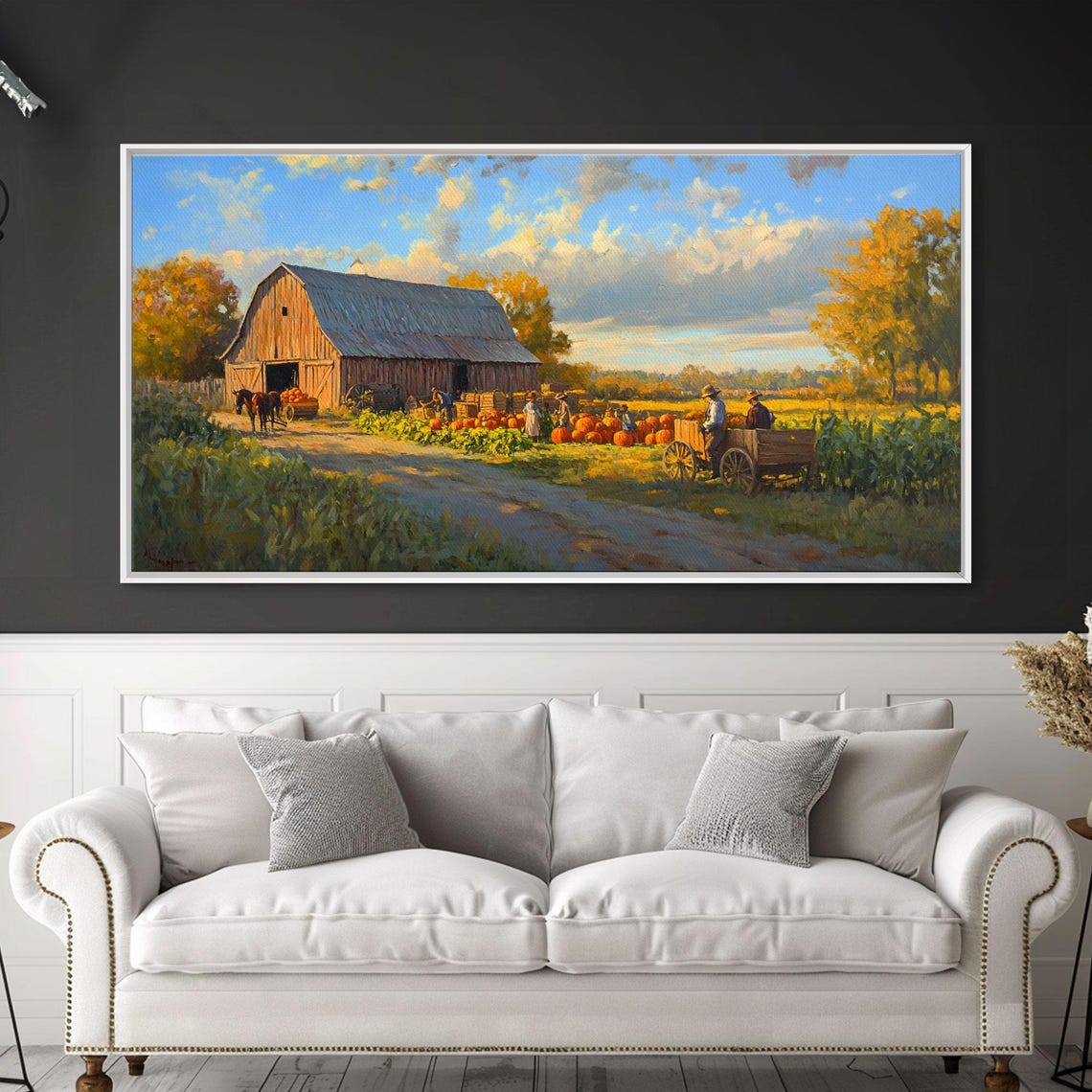 Autumn Barn Pumpkin Harvest Scene Horse Wagon Golden Fields Fall Print - Image 3