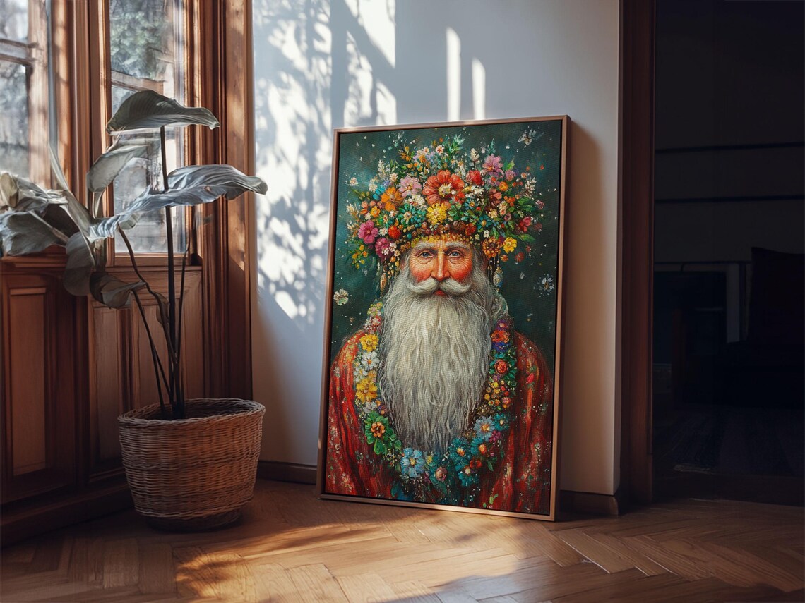Floral Crown Santa Claus Portrait Vintage Christmas Holiday Art Poster - Image 6