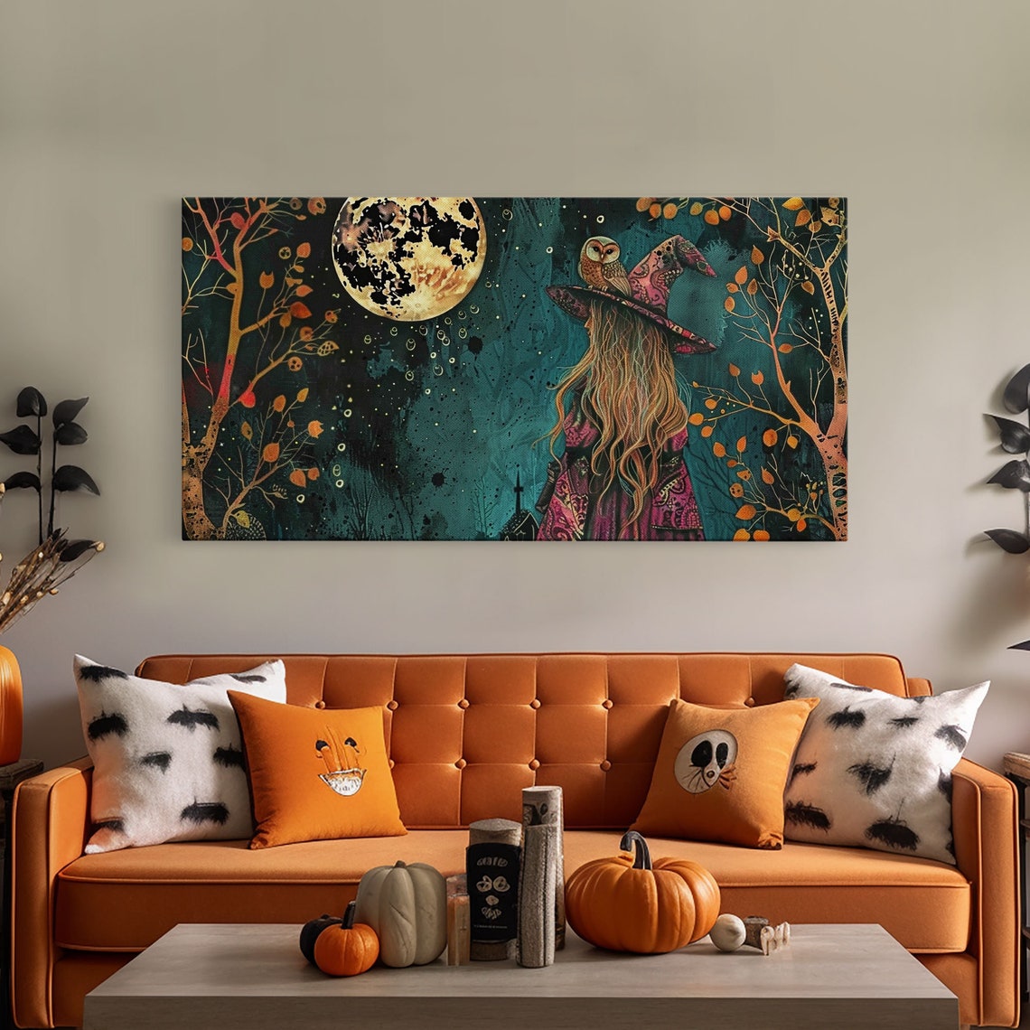 Victorian Witch With Owl Familiar Gazing At Full Moon Art Print