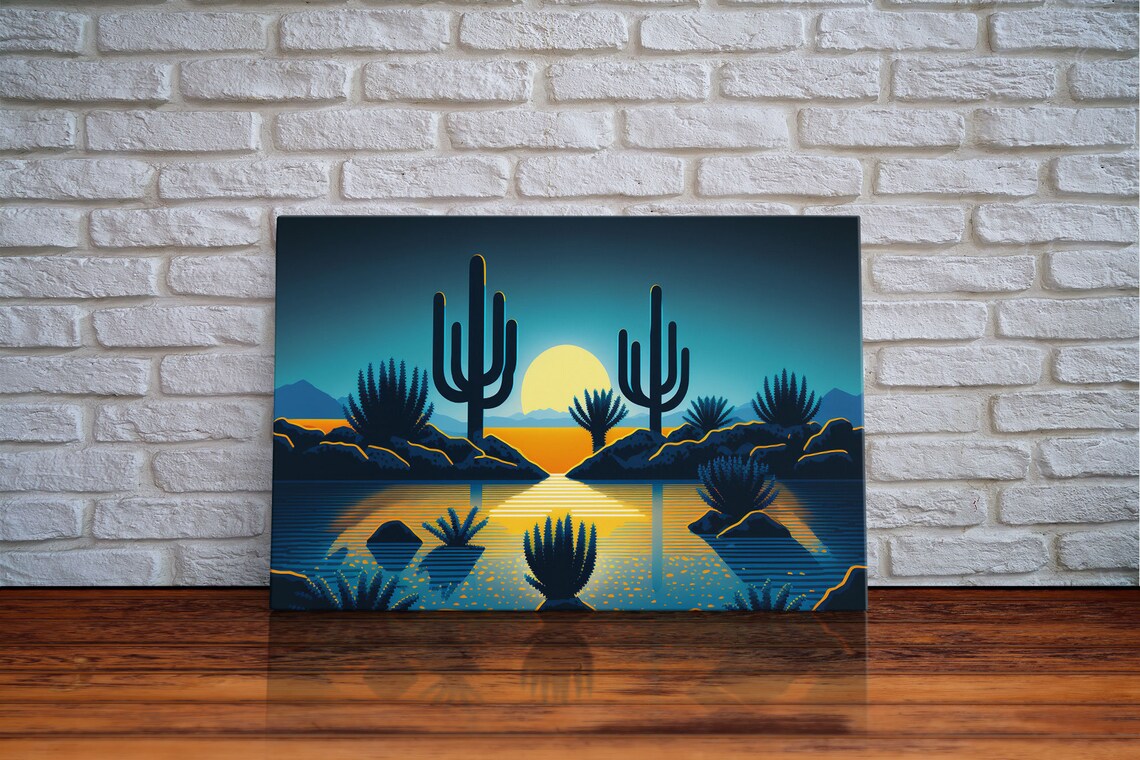 Retro Art Deco Pueblo Desert Landscape, Full Moon Art Print - Image 6
