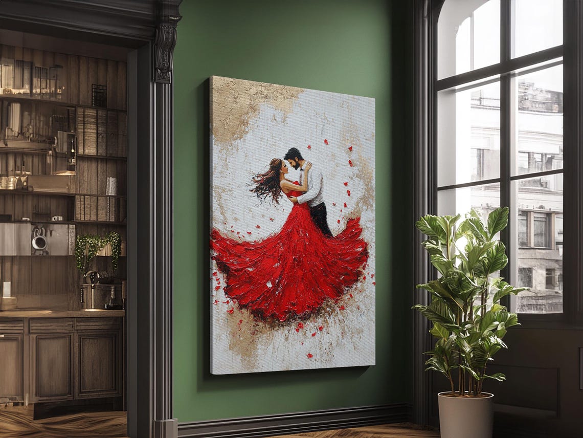 Couple Dancing In Flowing Red Dress Romantic Embrace Painting Poster