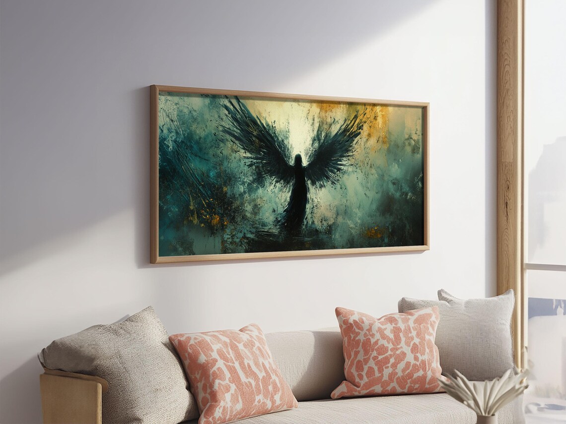 Black Angel Silhouette Spread Wings Teal Gold Abstract Dark Poster - Image 4