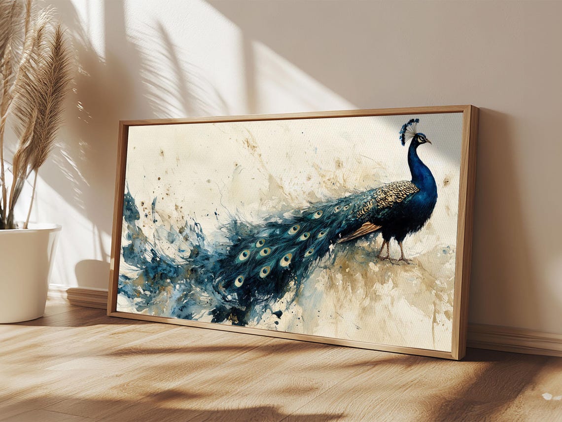 Majestic Peacock Teal Plumage Long Tail Watercolor Wildlife Art Poster - Image 3