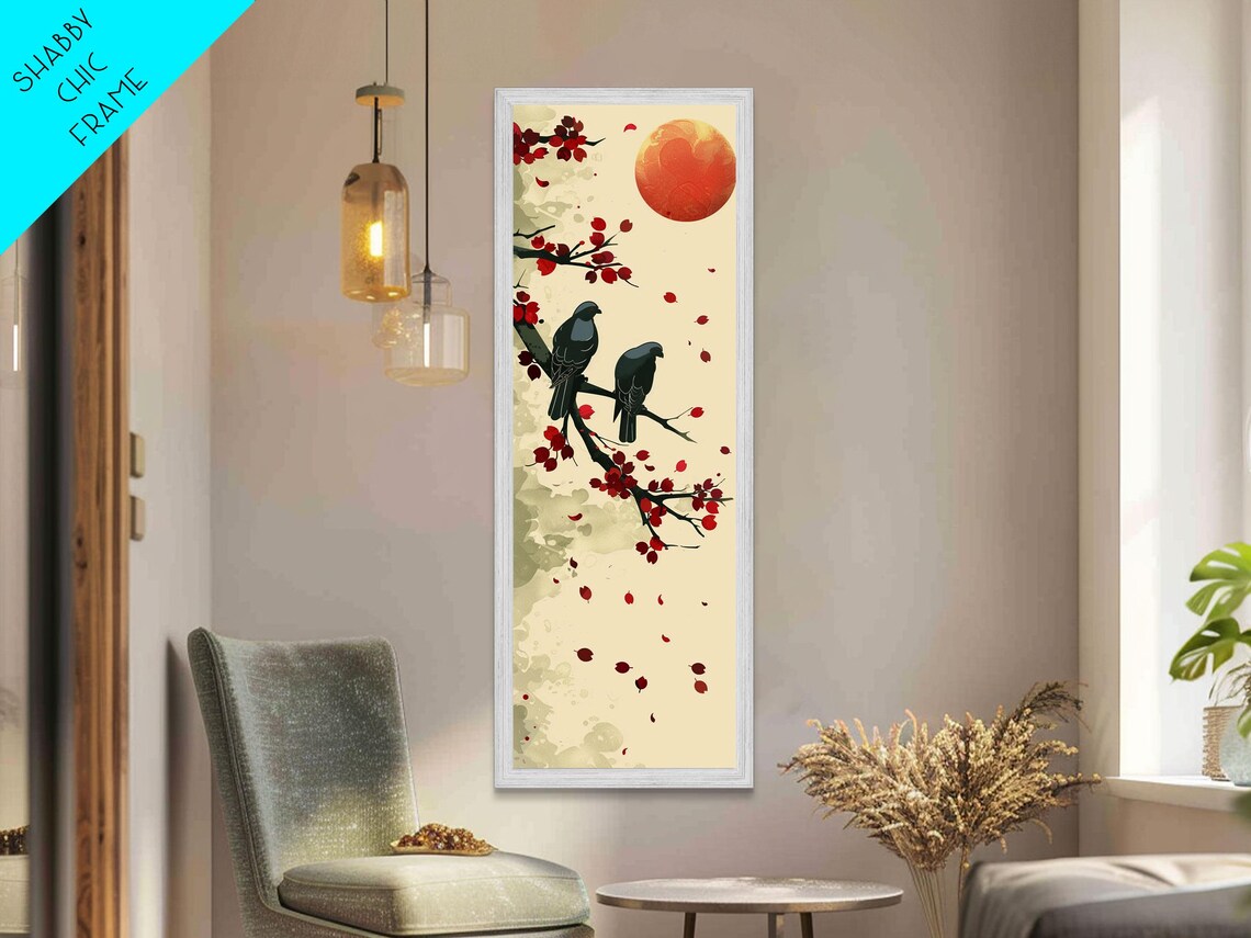 Two Blackbirds Red Berries Branch Big Red Sun Japanese Poster - Image 4